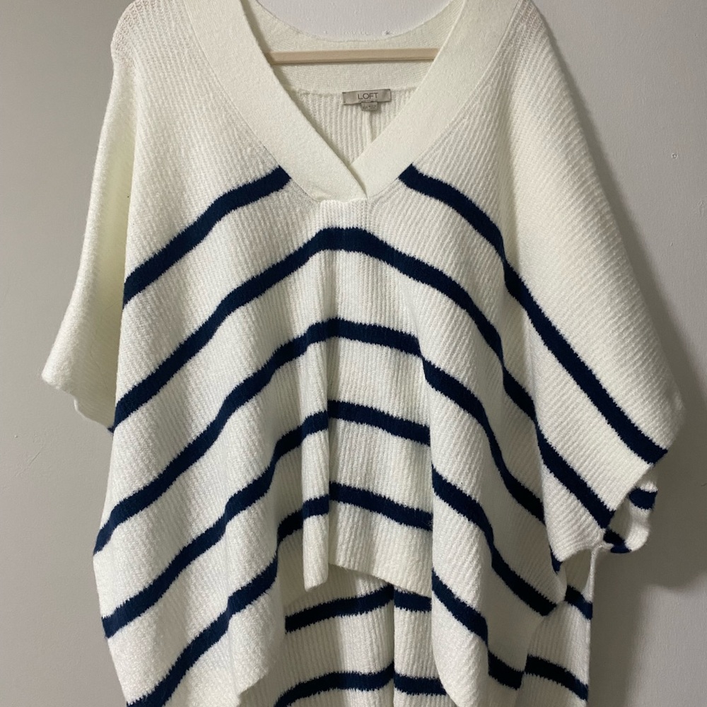LOFT V-Neck White and Blue Striped Sweater